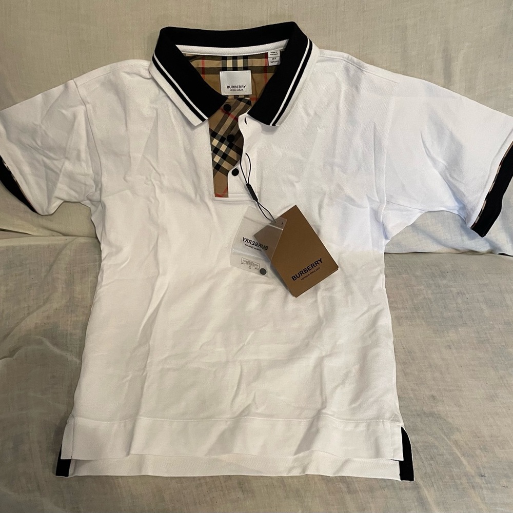 Burberry Boys 14Y Polo Type Shirt, White & Signature Burberry Print, Never Worn